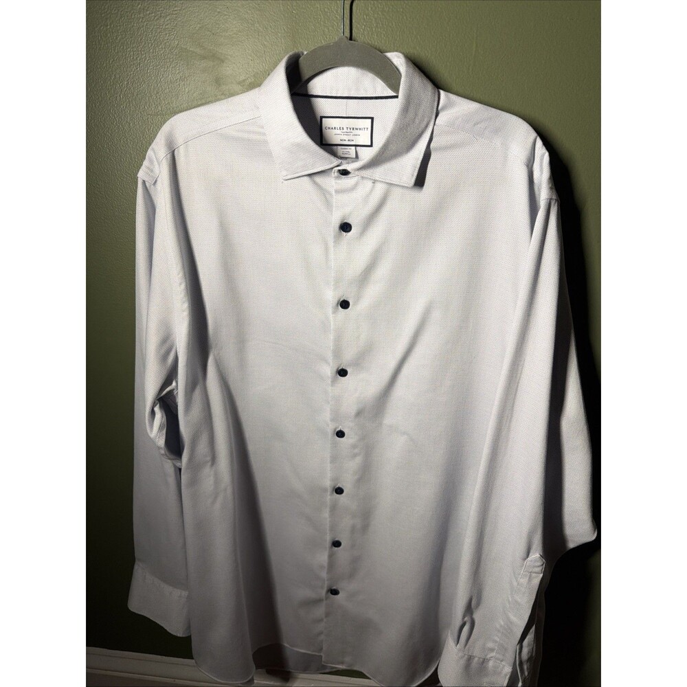 Charles Tyrwhitt Dress Shirt Mens 17 35 Classic Fit Non Iron White Blue Textured